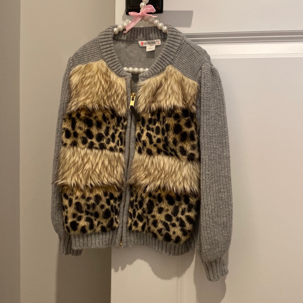 Girls zip u cardigan with fur detail